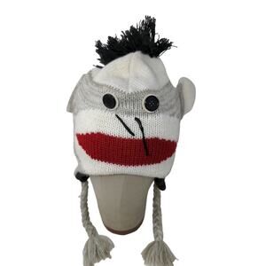 Sock Monkey Knit Beanie Hat Cap Button Eyes 100% Acrylic Gray White